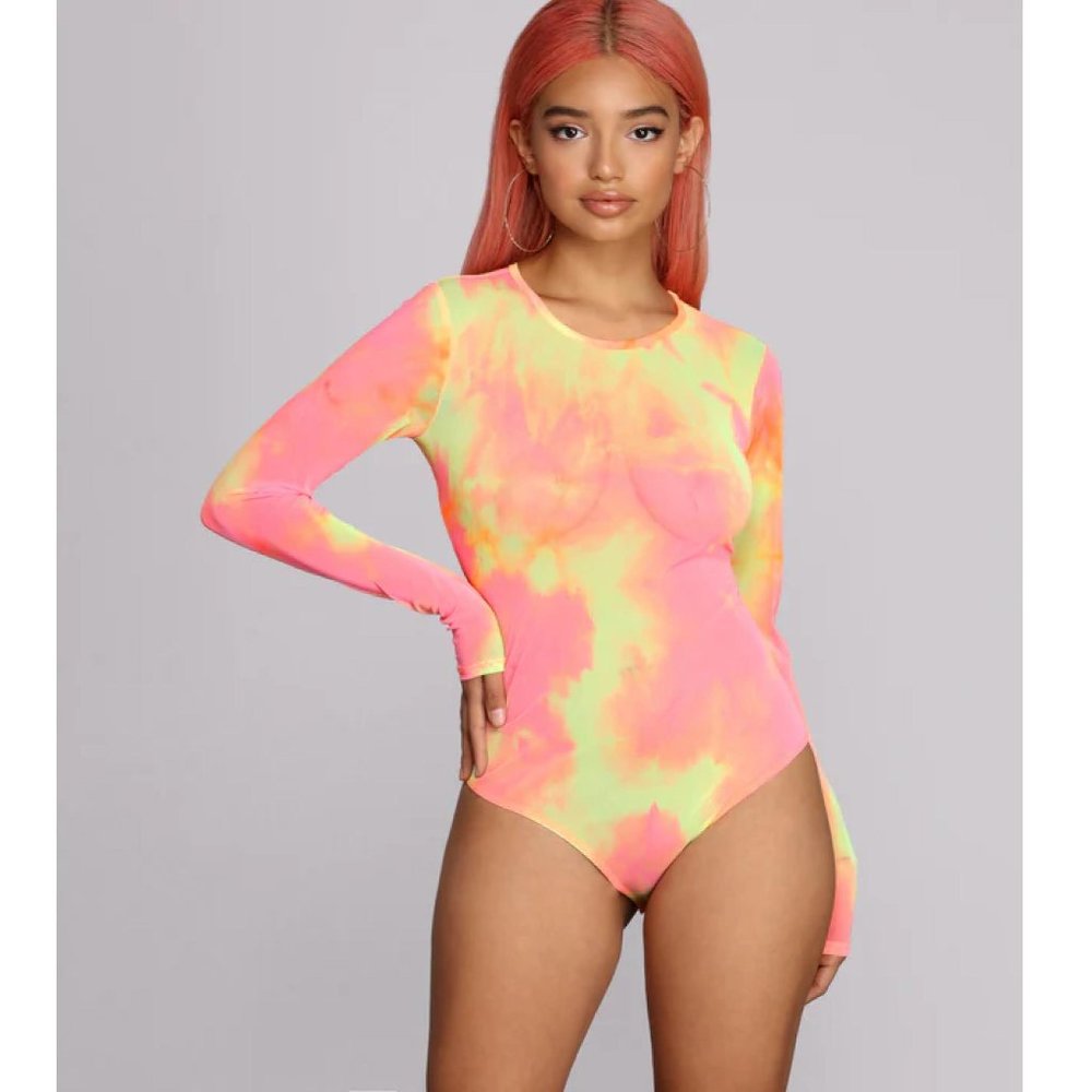 ALTEREDREAMS Pink & Yellow Sheer Tie-Dye Bodysuit XS
